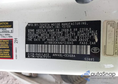 2010 Toyota Camry Hybrid from USA, damaged, VIN 4T1BB3EK4AU123045